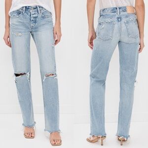Moussy Vintage Odessa Straight Low Jeans Distressed Light Blue Medium Wash